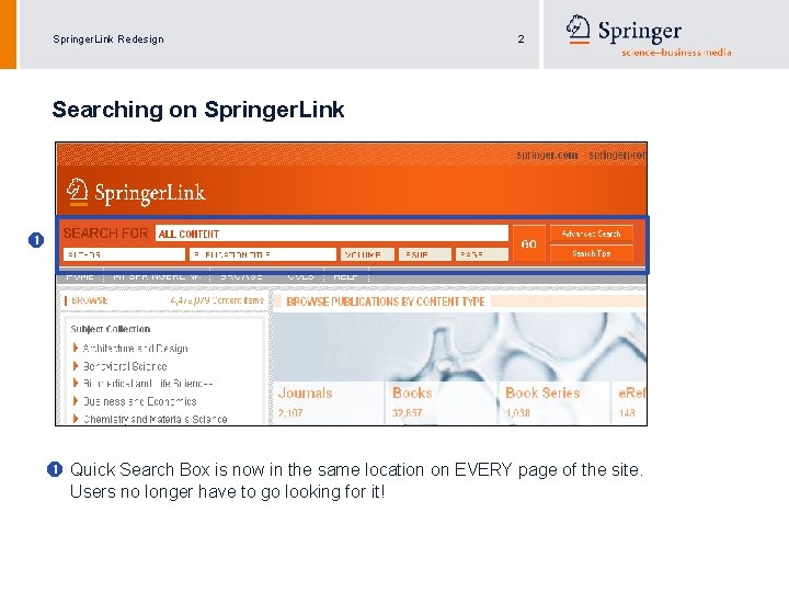 Springer. Link Redesign 2 Searching on Springer. Link Quick Search Box is now in