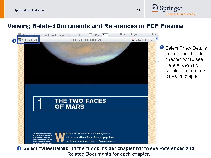 Springer. Link Redesign 21 Viewing Related Documents and References in PDF Preview Select “View