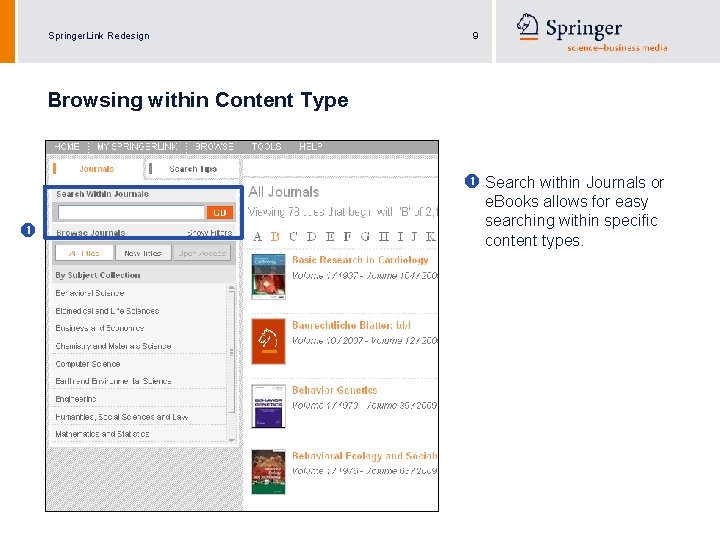 Springer. Link Redesign 9 Browsing within Content Type Search within Journals or e. Books