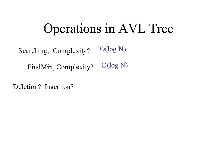 Operations in AVL Tree Searching, Complexity? Find. Min, Complexity? Deletion? Insertion? O(log N) 