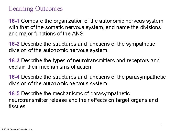 Learning Outcomes 16 -1 Compare the organization of the autonomic nervous system with that