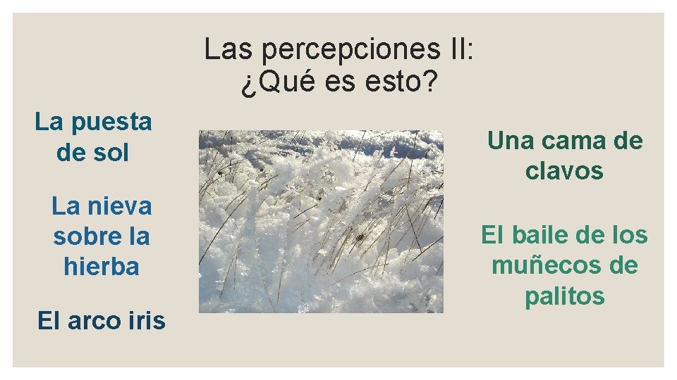 Las percepciones II: ¿Qué es esto? La puesta de sol La nieva sobre la