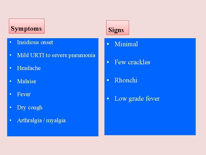 Symptoms Signs • Insidious onset • Minimal • Mild URTI to severe pneumonia •