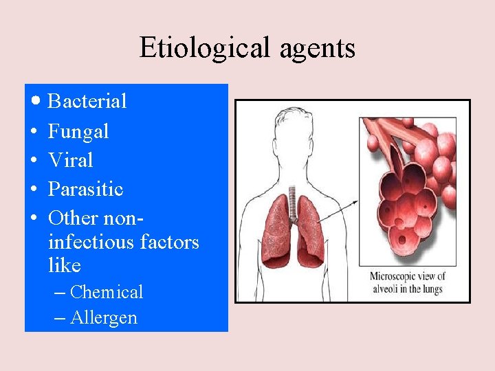 Etiological agents • Bacterial • • Fungal Viral Parasitic Other noninfectious factors like –