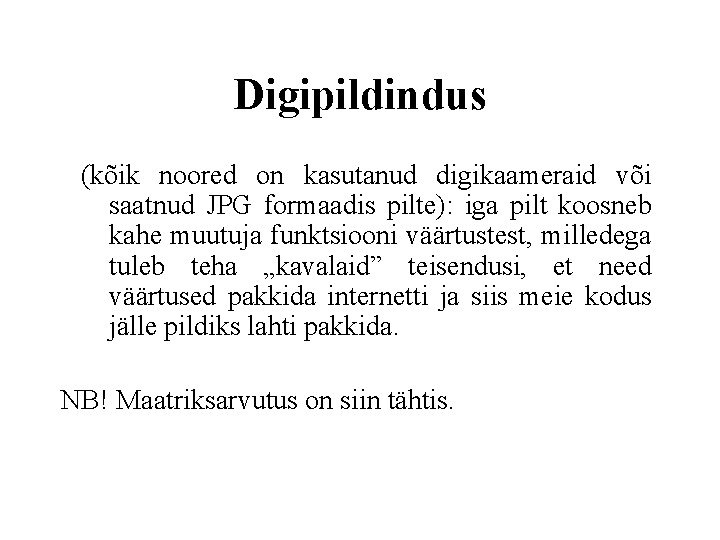 Digipildindus (kõik noored on kasutanud digikaameraid või saatnud JPG formaadis pilte): iga pilt koosneb