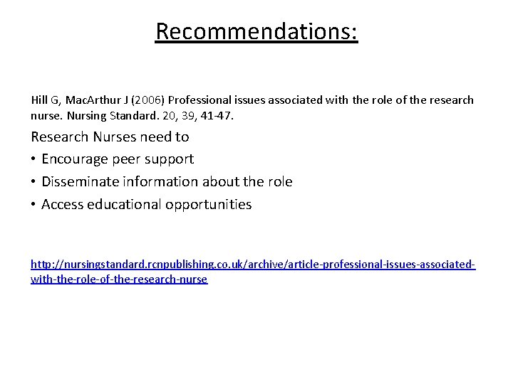 Recommendations: Hill G, Mac. Arthur J (2006) Professional issues associated with the role of