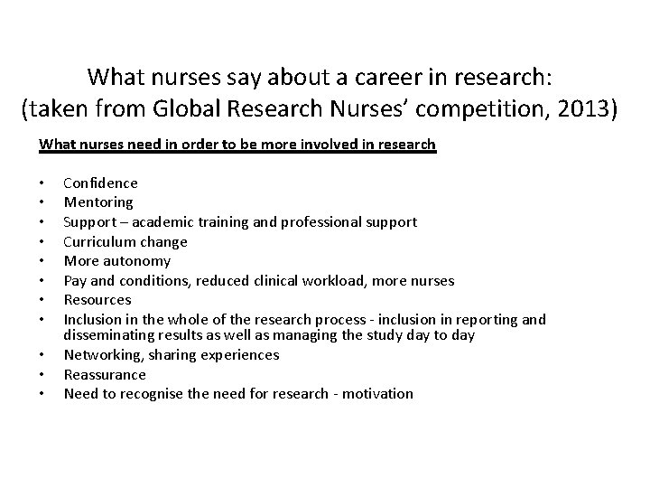 What nurses say about a career in research: (taken from Global Research Nurses’ competition,