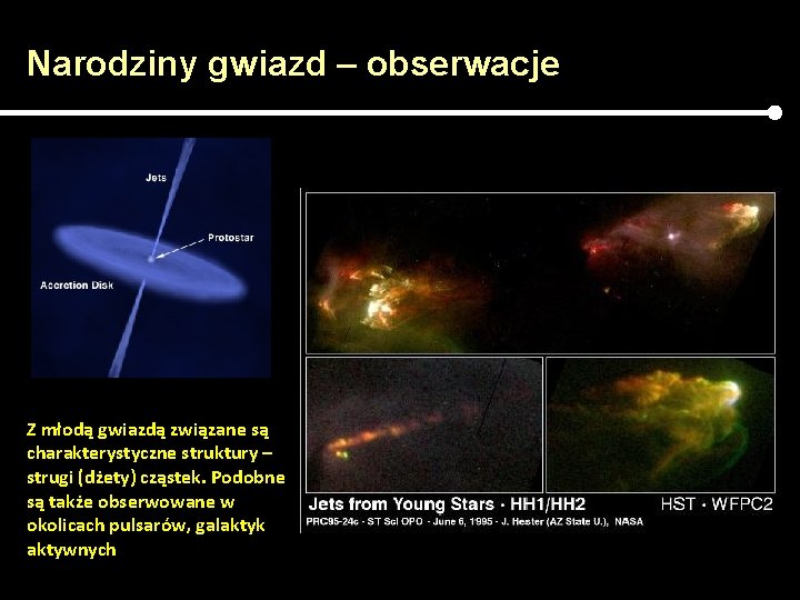 Narodziny gwiazd – obserwacje Z młodą gwiazdą związane są charakterystyczne struktury – strugi (dżety)