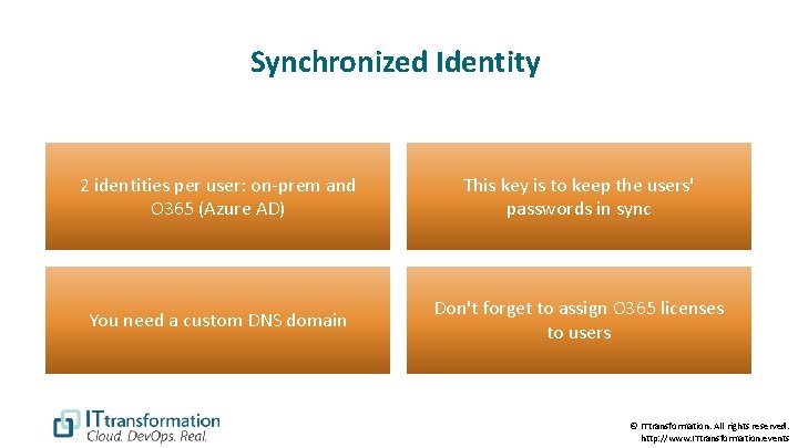 Synchronized Identity 2 identities per user: on-prem and O 365 (Azure AD) This key