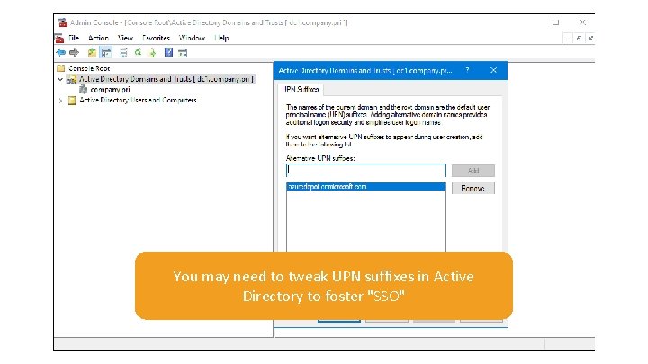 You may need to tweak UPN suffixes in Active Directory to foster "SSO" 