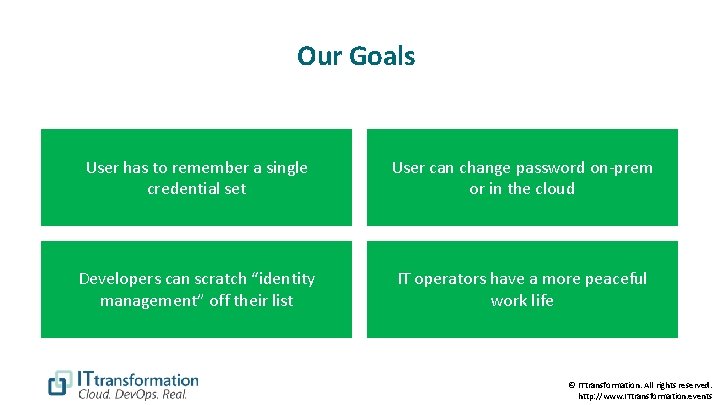 Our Goals User has to remember a single credential set User can change password