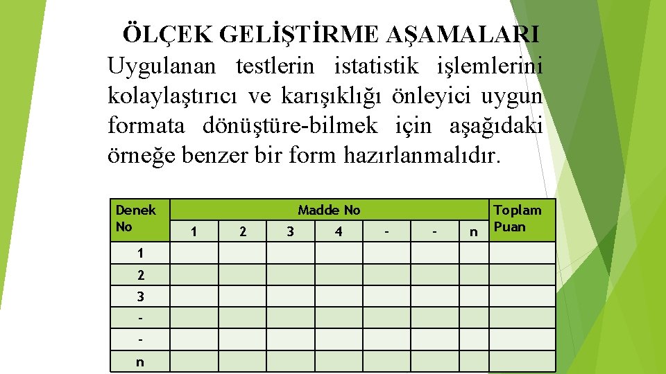 ÖLÇEK GELİŞTİRME AŞAMALARI Uygulanan testlerin istatistik işlemlerini kolaylaştırıcı ve karışıklığı önleyici uygun formata dönüştüre-bilmek