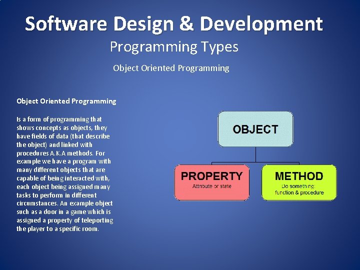 Software Design & Development Programming Types Object Oriented Programming Is a form of programming