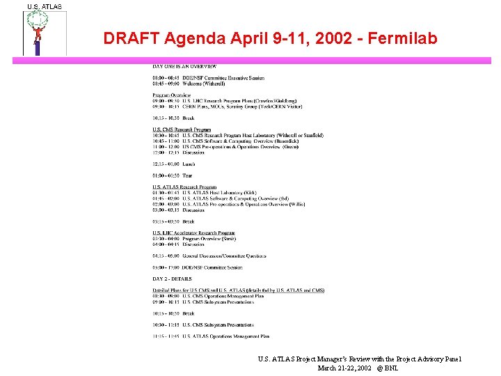 DRAFT Agenda April 9 -11, 2002 - Fermilab U. S. ATLAS Project Manager’s Review