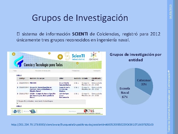 08/03/2013 Grupos de Investigación El sistema de información SCIENTI de Colciencias, registró para 2012