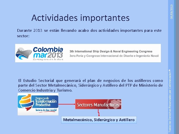 08/03/2013 Actividades importantes El Estudio Sectorial que generará el plan de negocios de los