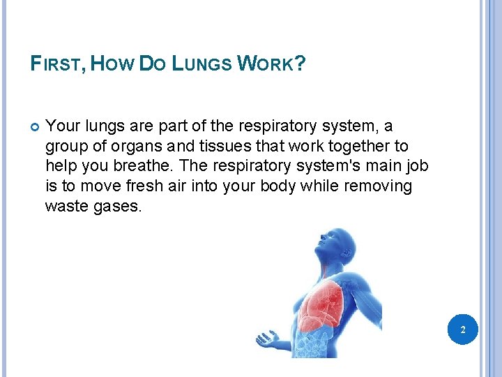 FIRST, HOW DO LUNGS WORK? Your lungs are part of the respiratory system, a