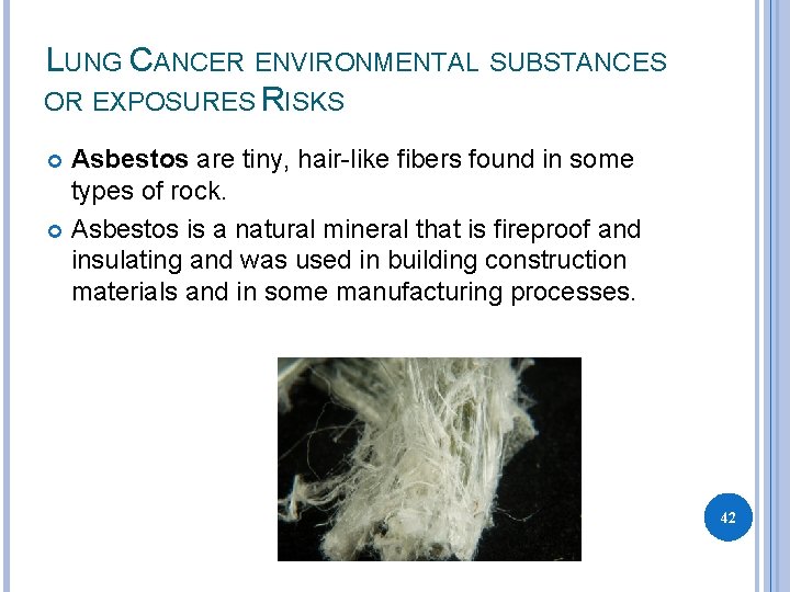 LUNG CANCER ENVIRONMENTAL SUBSTANCES OR EXPOSURES RISKS Asbestos are tiny, hair-like fibers found in