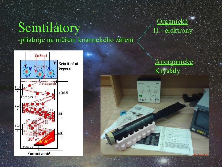 Scintilátory Organické Π - elektrony -přístroje na měření kosmického záření Anorganické Krystaly 