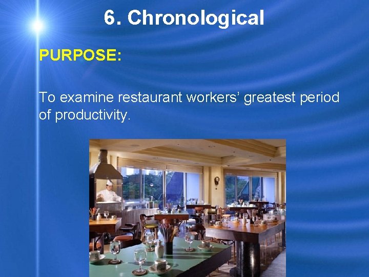 6. Chronological PURPOSE: To examine restaurant workers’ greatest period of productivity. 