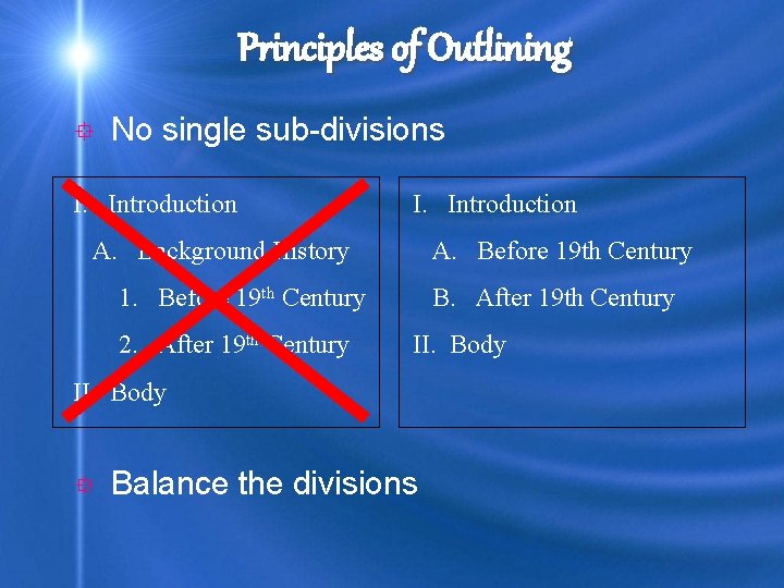 Principles of Outlining ° No single sub-divisions I. Introduction A. Background History A. Before