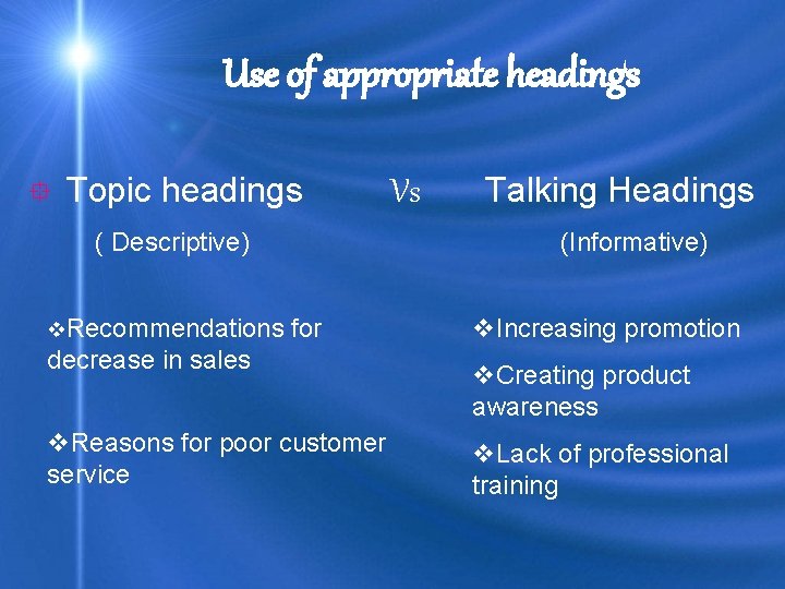 Use of appropriate headings ° Topic headings ( Descriptive) v. Recommendations Vs Talking Headings