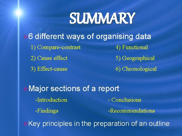 SUMMARY ° 6 different ways of organising data 1) Compare-contrast 4) Functional 2) Cause