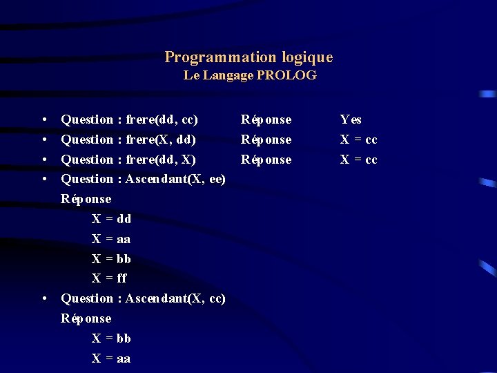 Programmation logique Le Langage PROLOG • • Question : frere(dd, cc) Question : frere(X,