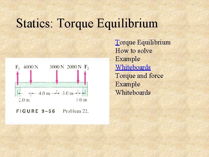 Statics: Torque Equilibrium How to solve Example Whiteboards Torque and force Example Whiteboards 