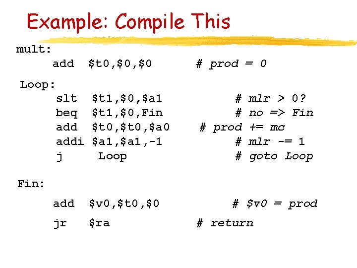 Example: Compile This mult: add Loop: slt beq addi j $t 0, $0 #