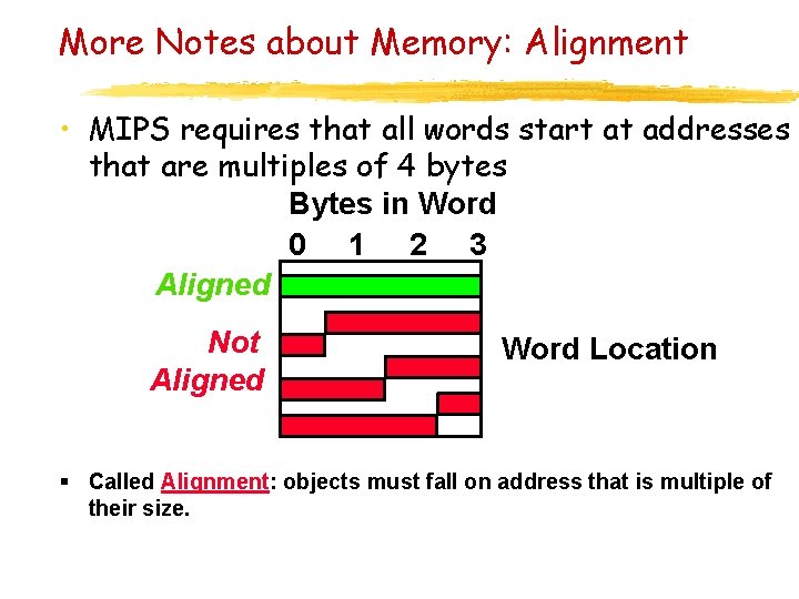 More Notes about Memory: Alignment • MIPS requires that all words start at addresses