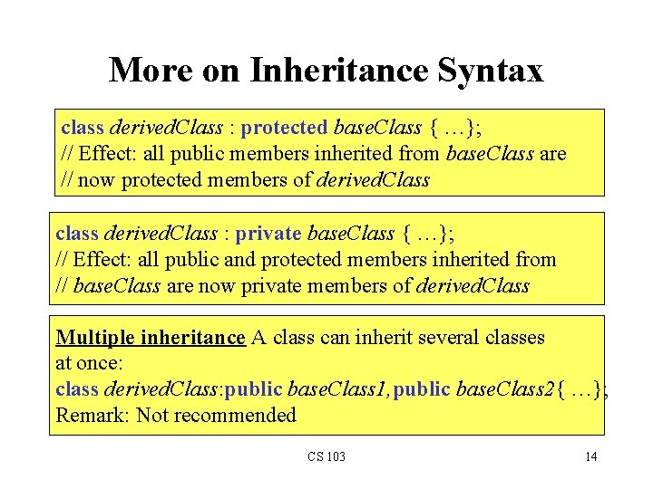 More on Inheritance Syntax class derived. Class : protected base. Class { …}; //