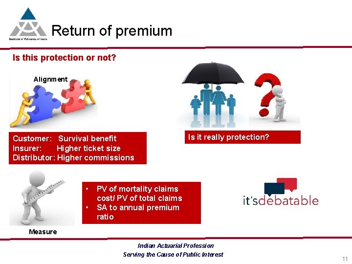 Return of premium Is this protection or not? Alignment Customer: Survival benefit Insurer: Higher