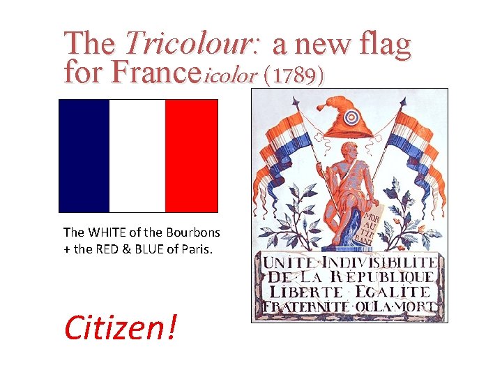 The Tricolour: a new flag for Franceicolor (1789) The WHITE of the Bourbons +