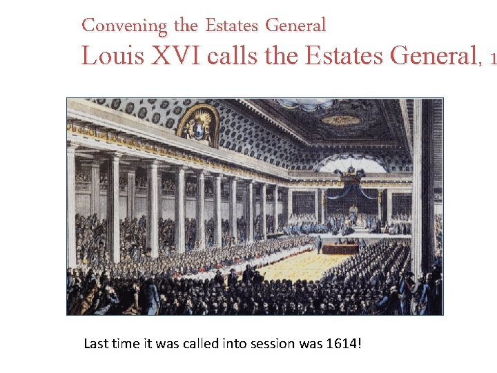 Convening the Estates General Louis XVI calls the Estates General, 1 Last time it