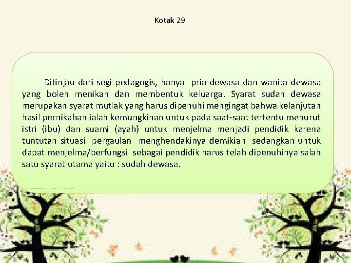 Kotak 29 Ditinjau dari segi pedagogis, hanya pria dewasa dan wanita dewasa yang boleh