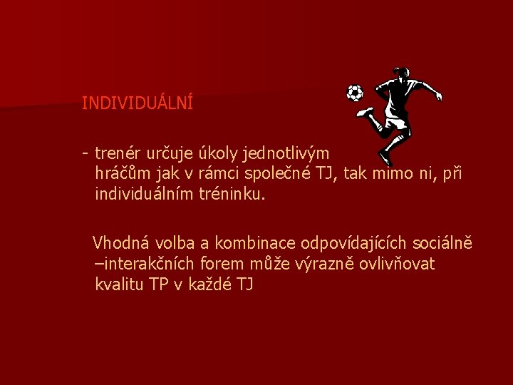 INDIVIDUÁLNÍ - trenér určuje úkoly jednotlivým hráčům jak v rámci společné TJ, tak mimo