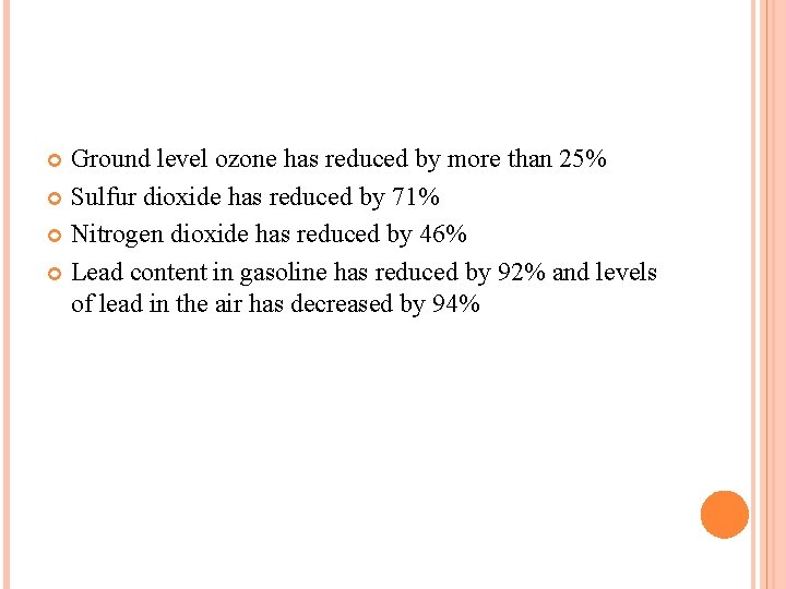 Ground level ozone has reduced by more than 25% Sulfur dioxide has reduced by