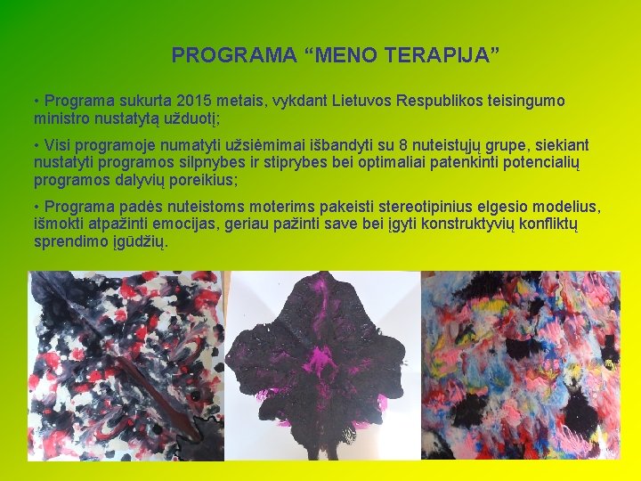 PROGRAMA “MENO TERAPIJA” • Programa sukurta 2015 metais, vykdant Lietuvos Respublikos teisingumo ministro nustatytą