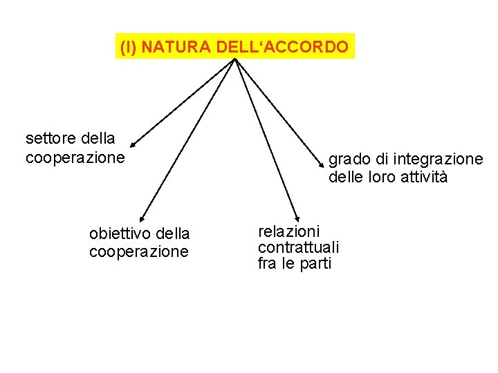 (I) NATURA DELL‘ACCORDO settore della cooperazione obiettivo della cooperazione grado di integrazione delle loro