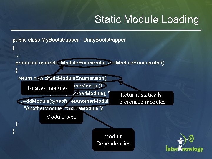 Static Module Loading public class My. Bootstrapper : Unity. Bootstrapper {. . . protected