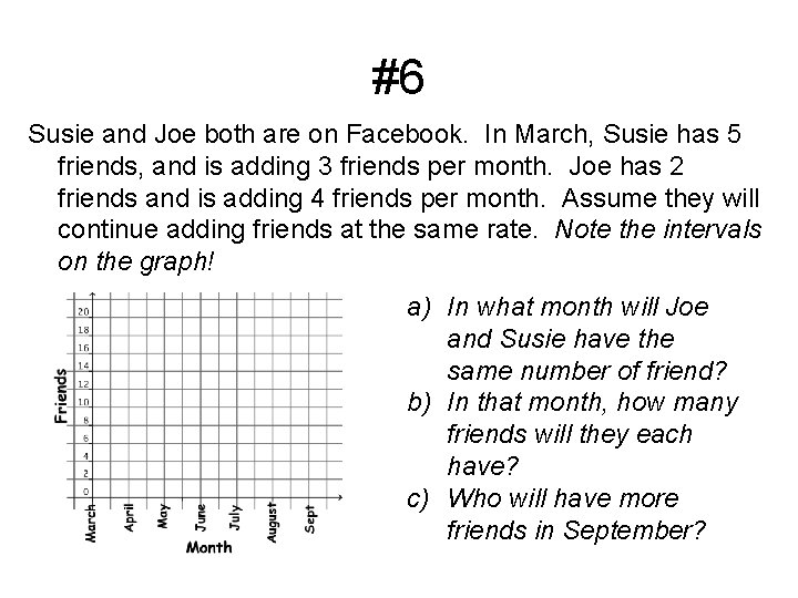 #6 Susie and Joe both are on Facebook. In March, Susie has 5 friends,