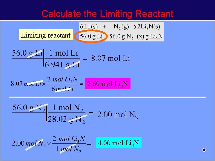 Calculate the Limiting Reactant Limiting reactant 8. 07 mol Li 2. 69 mol Li