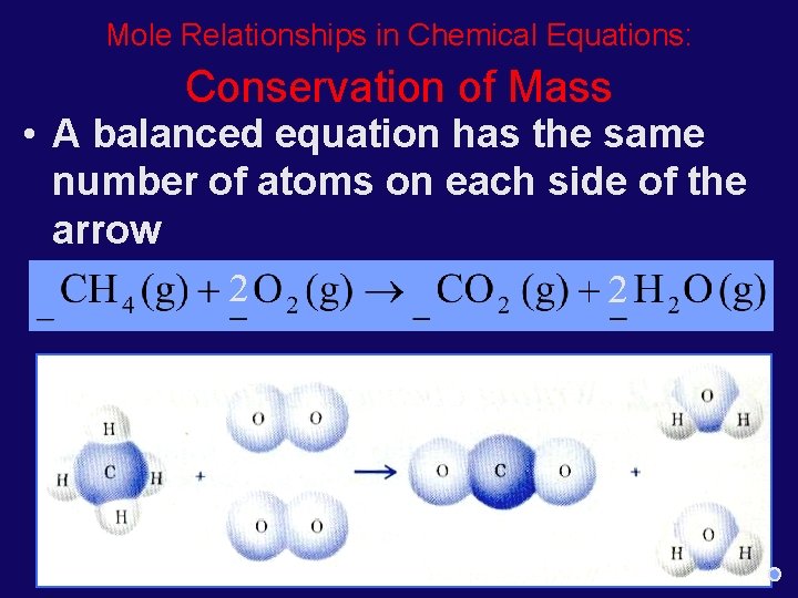 Mole Relationships in Chemical Equations: Conservation of Mass • A balanced equation has the