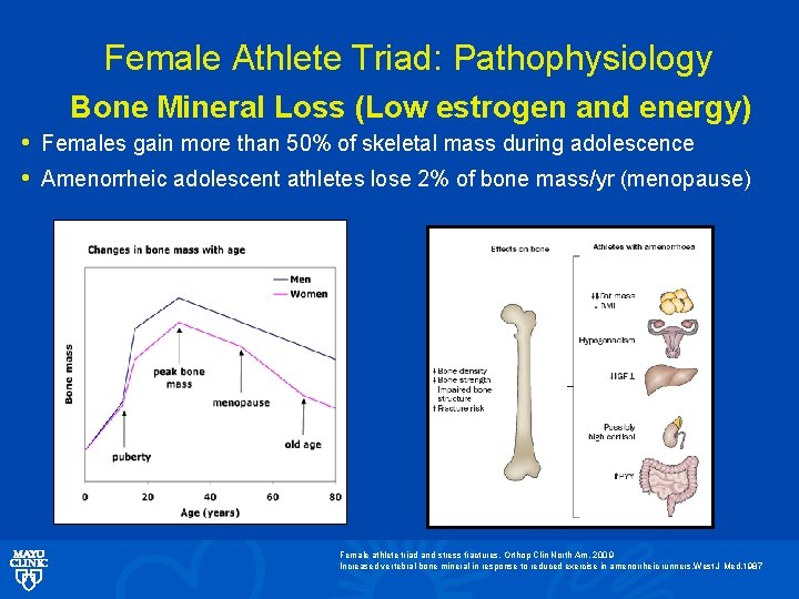 Female Athlete Triad: Pathophysiology Bone Mineral Loss (Low estrogen and energy) • Females gain