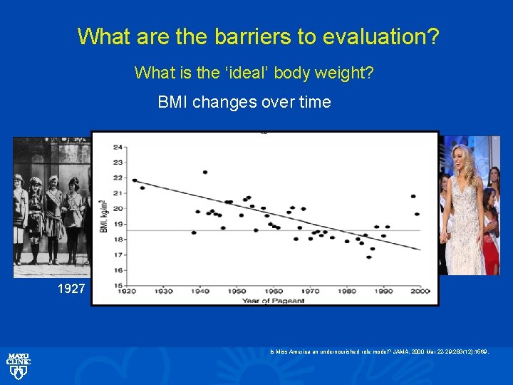 What are the barriers to evaluation? What is the ‘ideal’ body weight? BMI changes