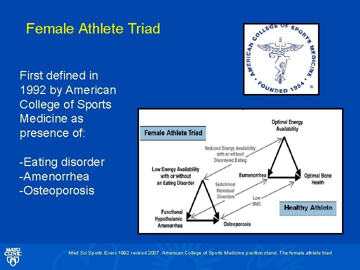 Female Athlete Triad First defined in 1992 by American College of Sports Medicine as