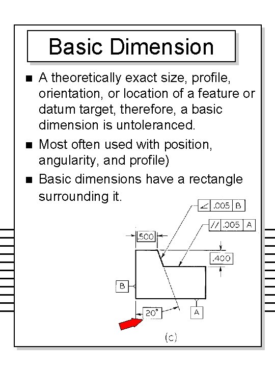 Basic Dimension n A theoretically exact size, profile, orientation, or location of a feature