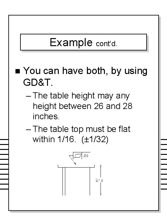 Example cont’d. n You can have both, by using GD&T. – The table height