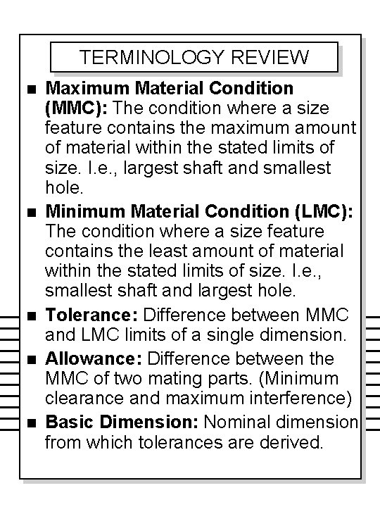 TERMINOLOGY REVIEW n n n Maximum Material Condition (MMC): The condition where a size